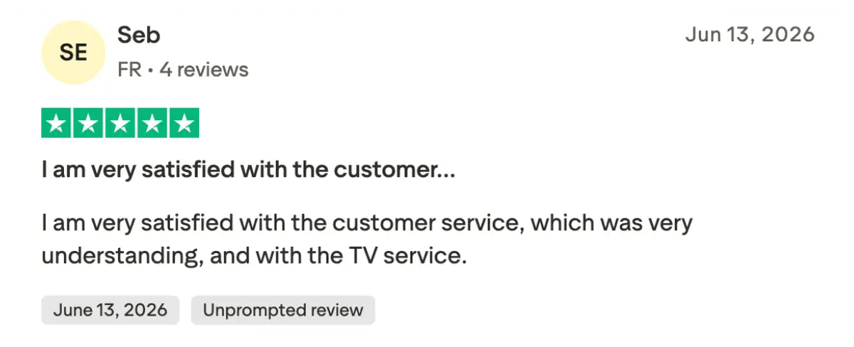 Top rated IPTV service provider badge on Trustpilot