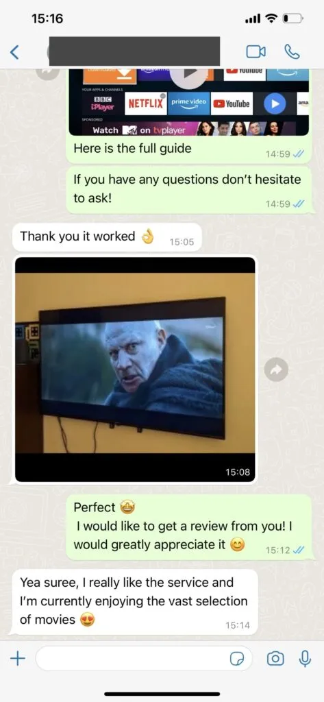 WhatsApp customer chat screenshot proving fast activation