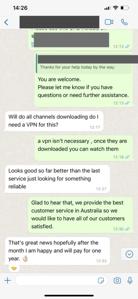 Customer praising 4K sports streaming quality on WhatsApp